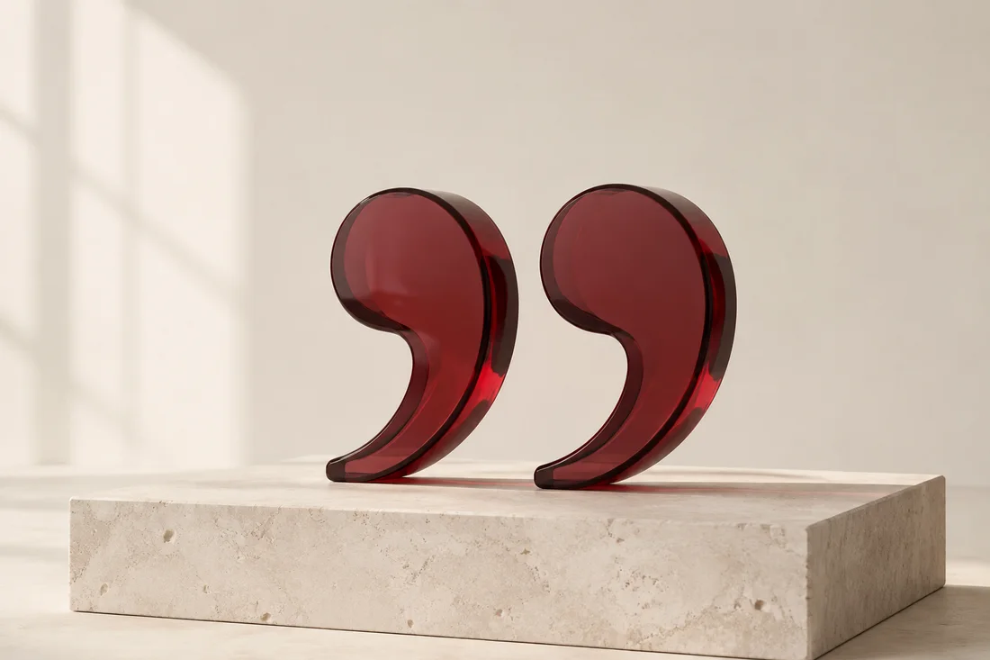 Sculptural burgundy glass quotation marks on a stone plinth.