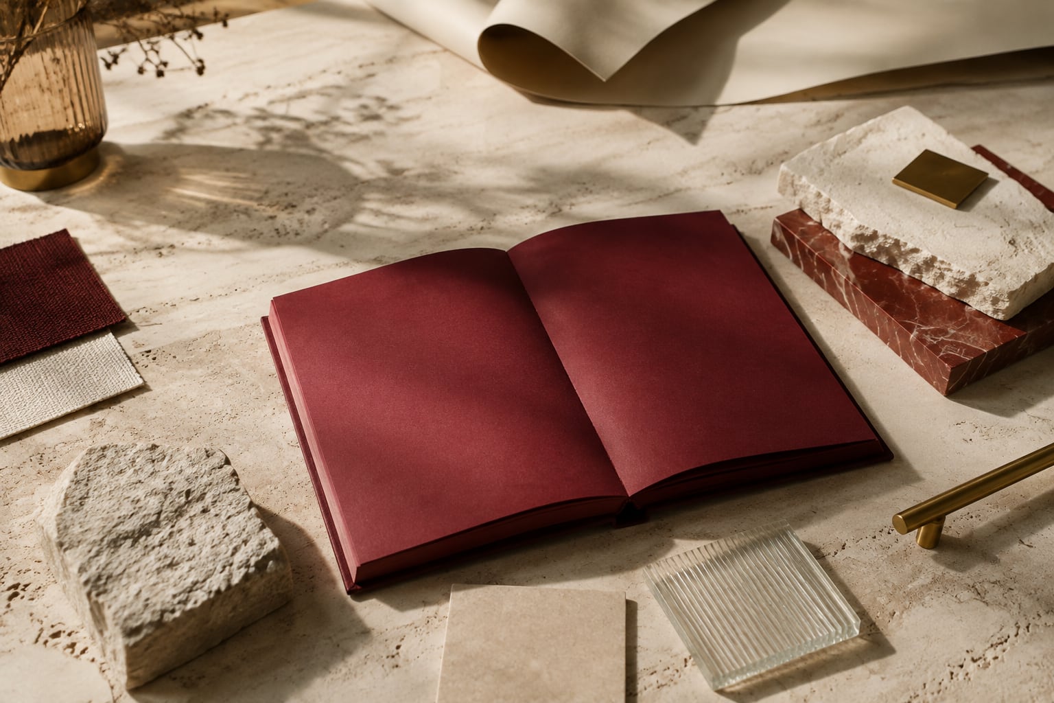 An open burgundy notebook and architectural materials on a sunlit limestone studio table.