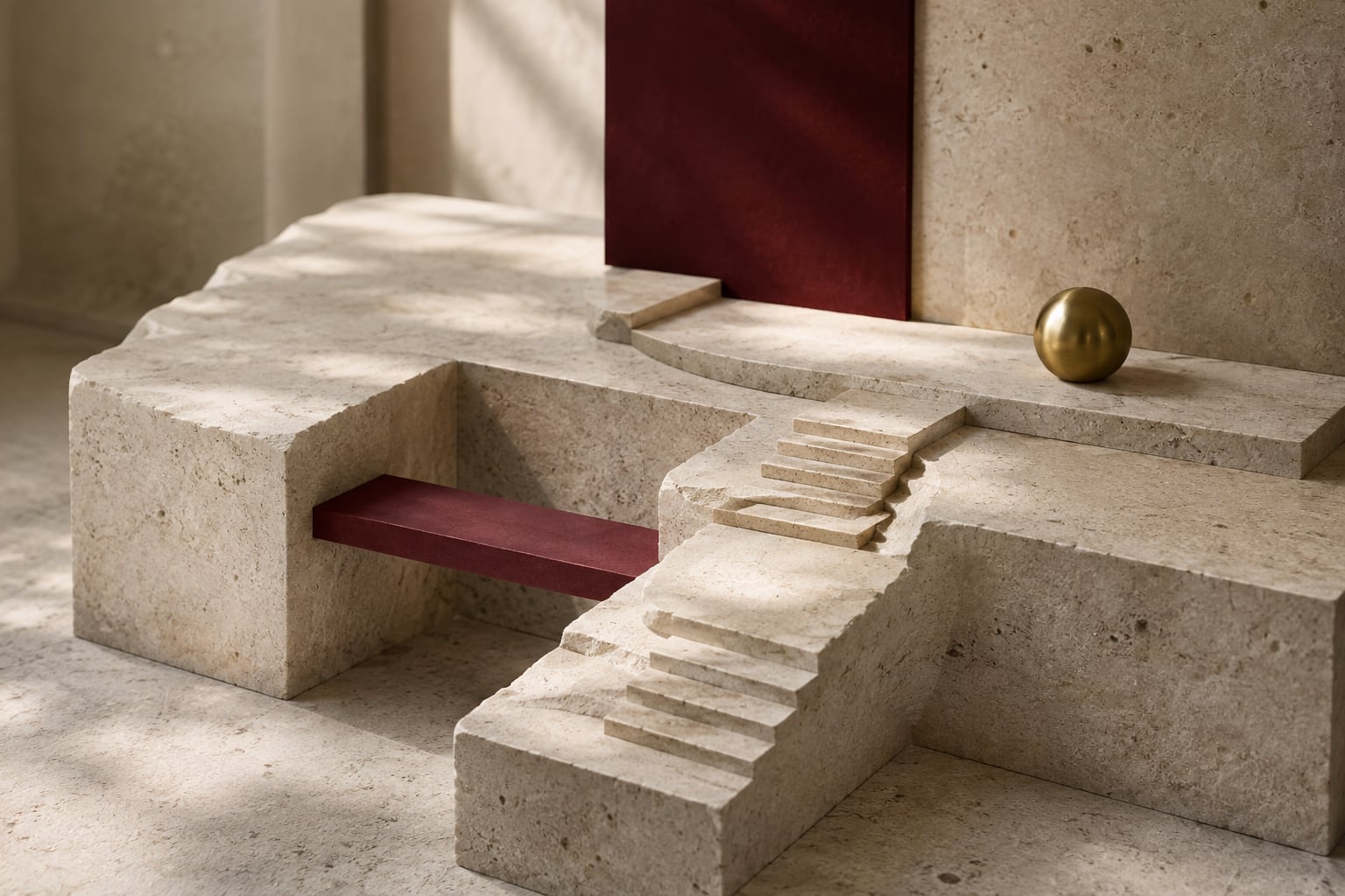 A burgundy bridge and an ivory stepped path through a limestone architectural model.