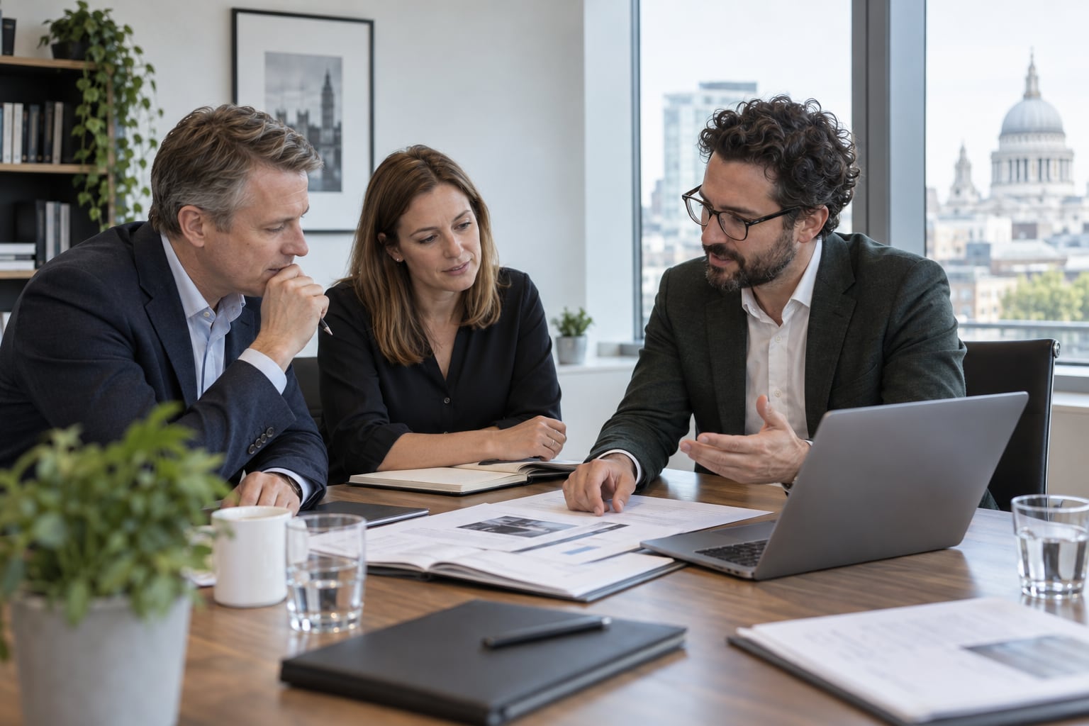 A law firm team reviewing an agency proposal and budget with a digital strategist.