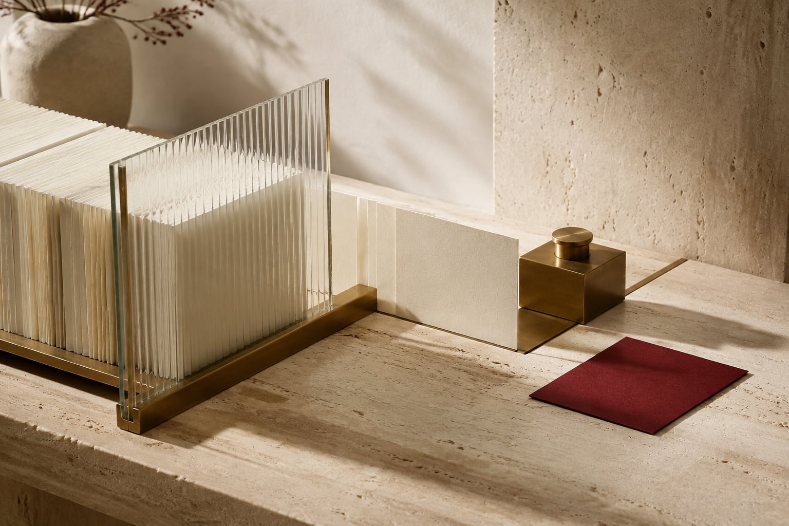 Burgundy and ivory reference cards passing through a glass reading frame toward a brass checkpoint.