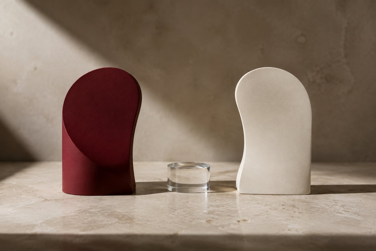 Two sculptural burgundy and ivory curved forms facing one another across a limestone table.