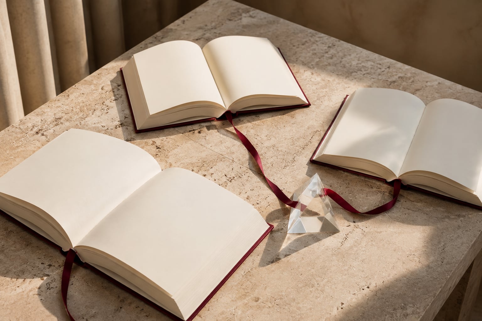 Open ivory reference books connected by a burgundy ribbon beside a glass prism.