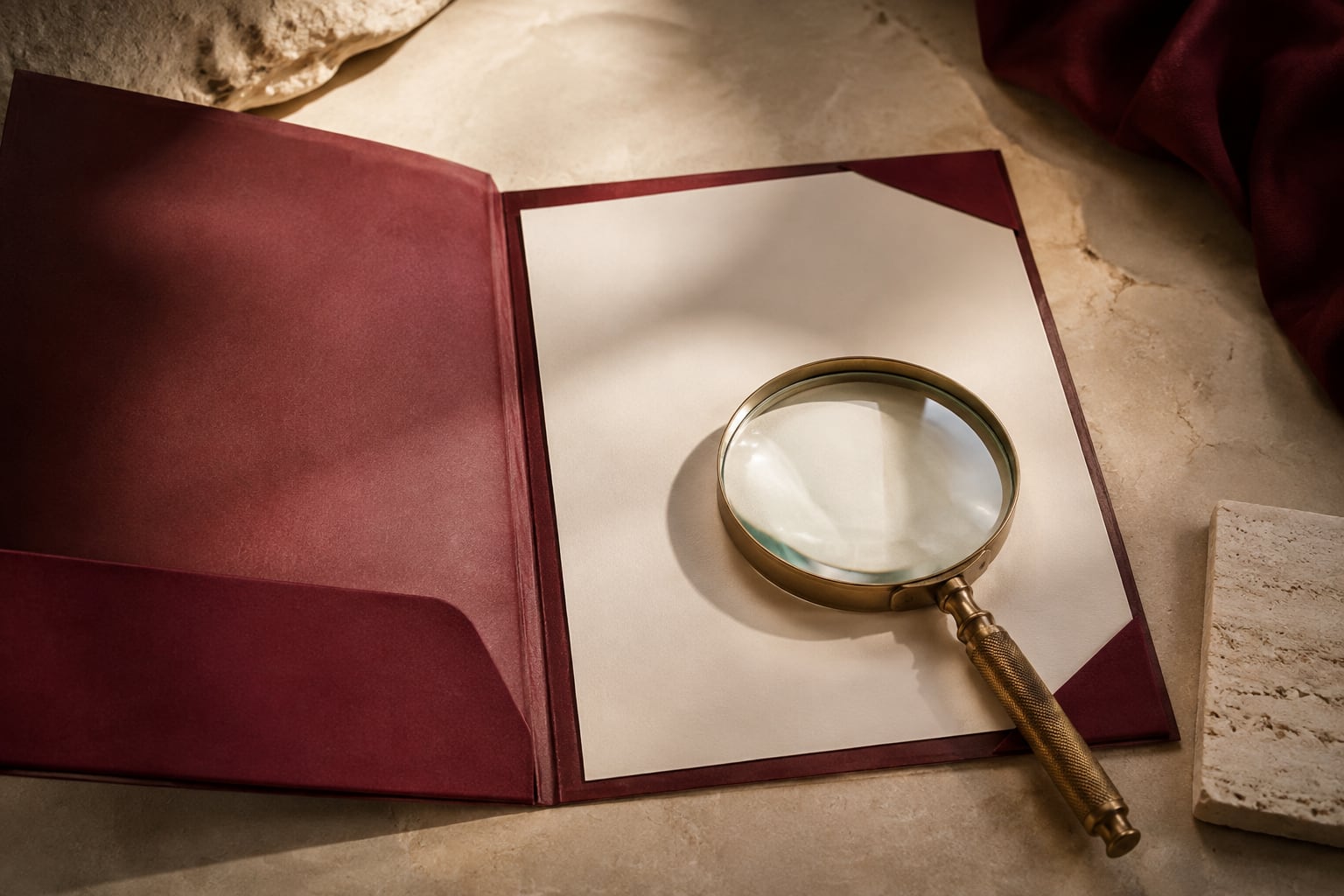A burgundy editorial folder with an ivory review sheet and a brass magnifying glass.