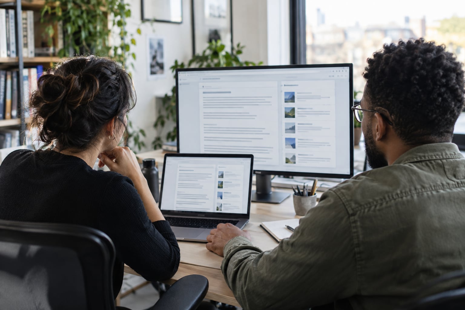 Two digital researchers reviewing AI search answers and source layouts on office screens.