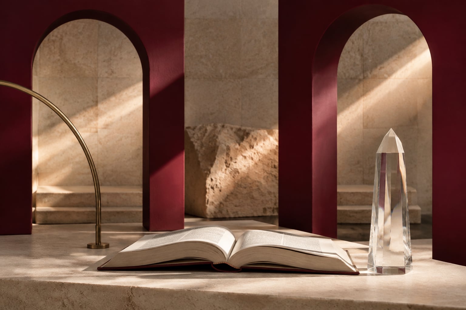 An open reference book framed by two burgundy architectural arches and a clear glass prism.