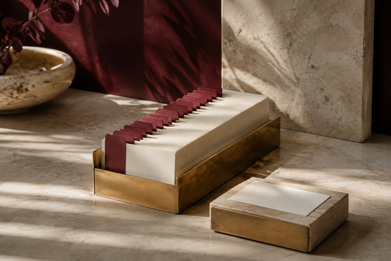 An orderly series of ivory index cards with burgundy dividers on a limestone work surface.