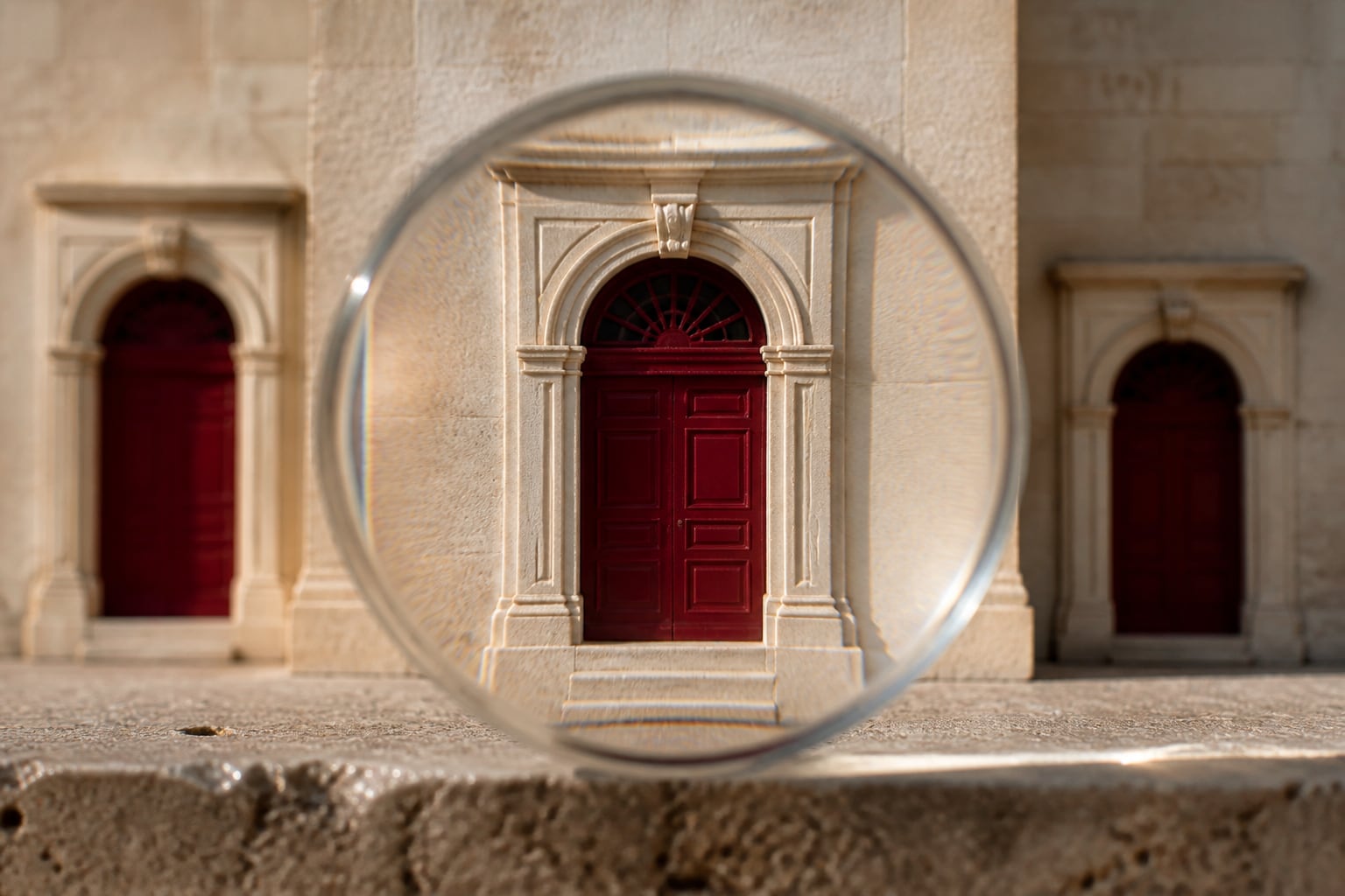 An optical glass lens focusing on a burgundy doorway in a limestone architectural model.