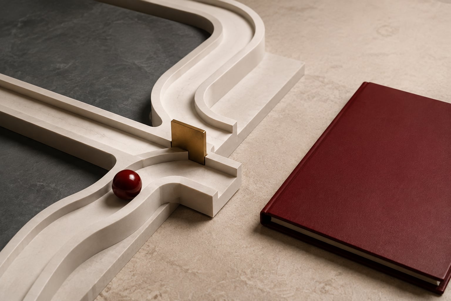 An ivory channel model with a burgundy sphere and a brass gate representing a workflow checkpoint.