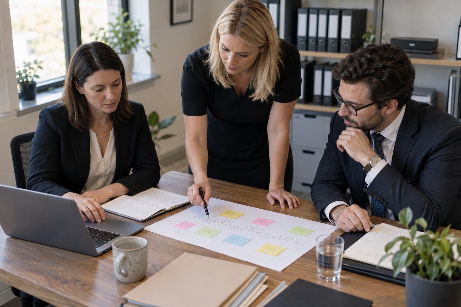 A law firm operations team mapping an enquiry workflow together around a desk.