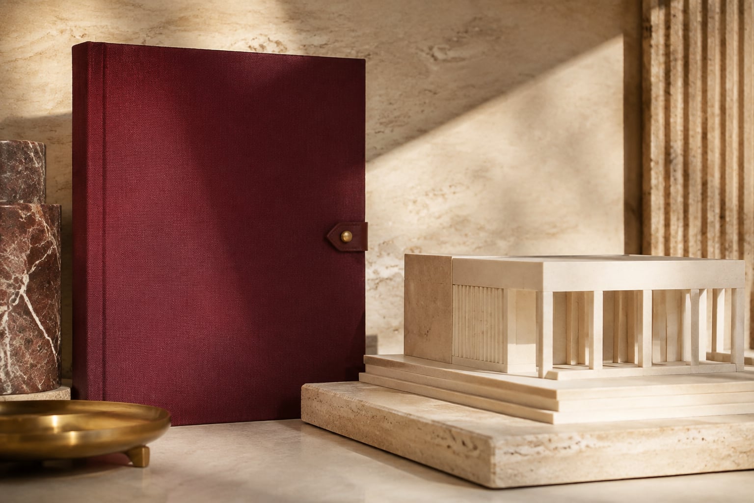 A burgundy project portfolio standing beside a completed limestone architectural model.