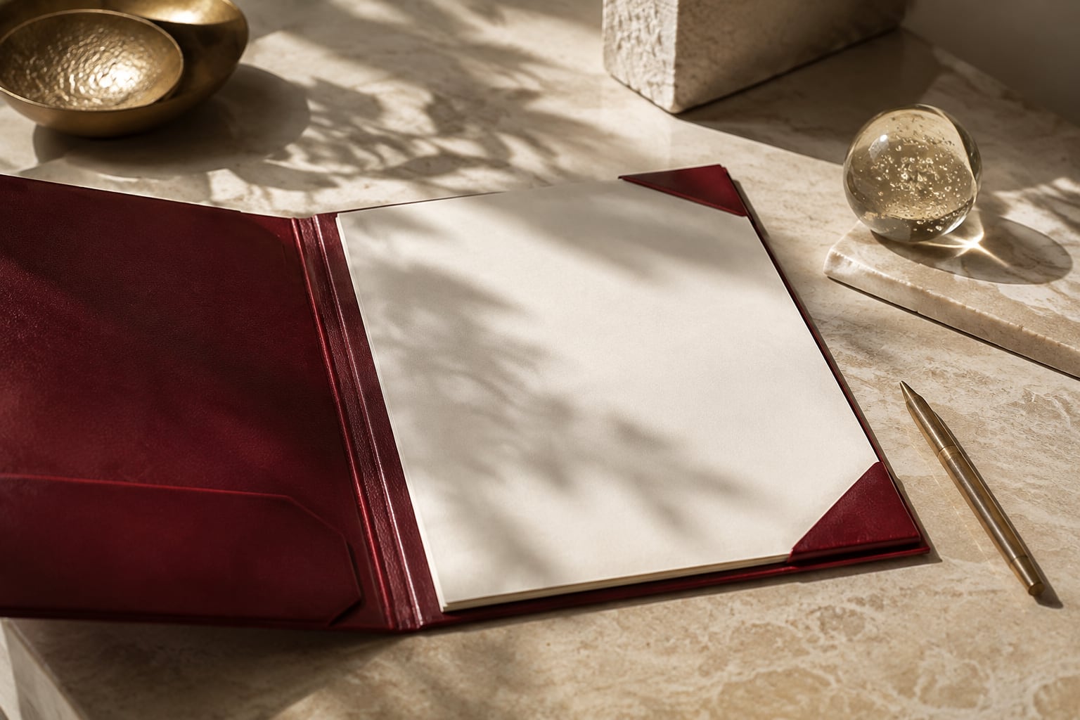 An ivory briefing sheet in a burgundy folder beside a glass paperweight and brass pen.
