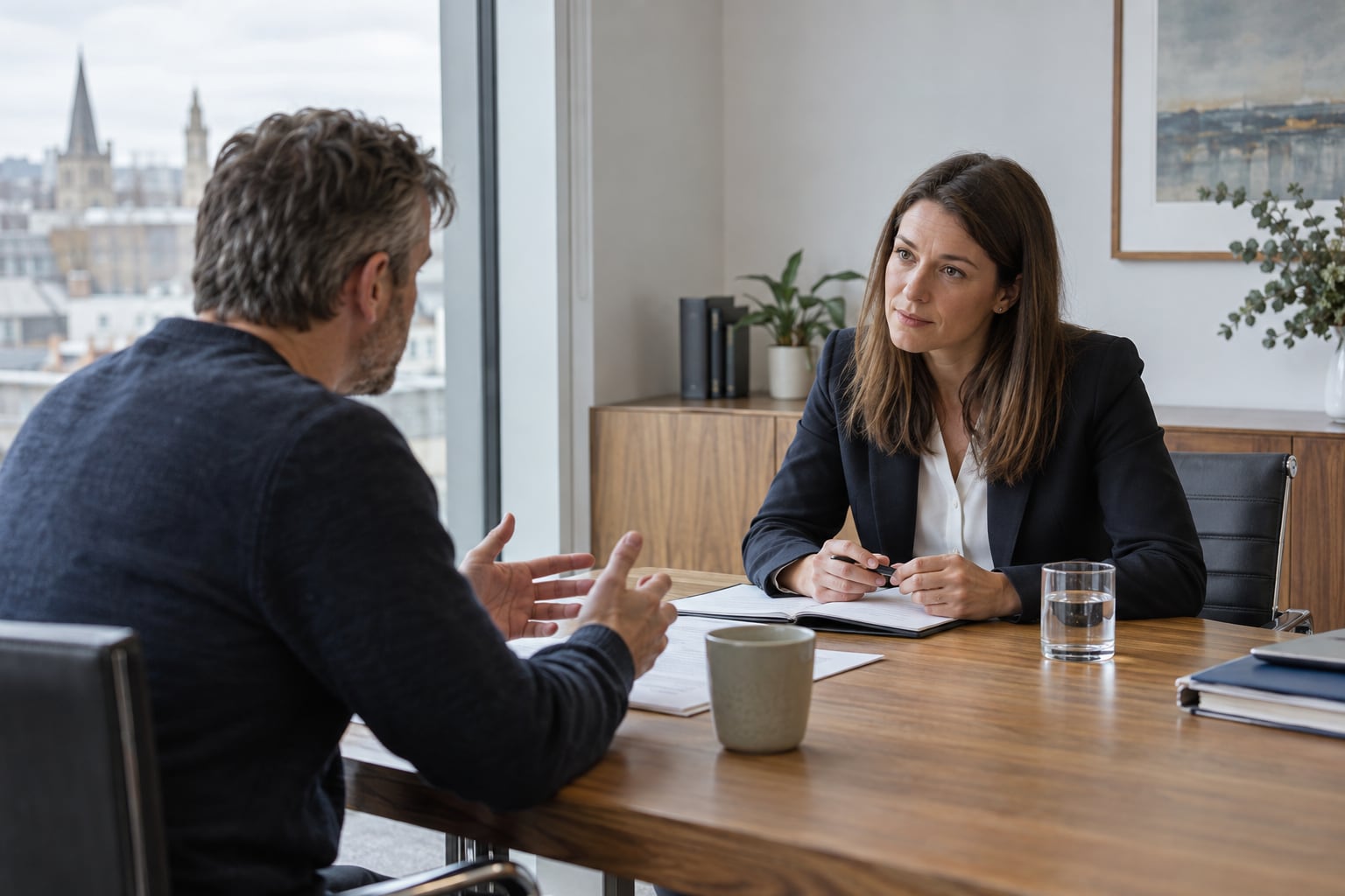 A solicitor listening to a client during a consultation in a modern UK law office.