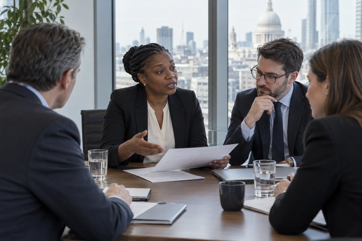 Commercial solicitors and business clients reviewing a contract in a London boardroom.
