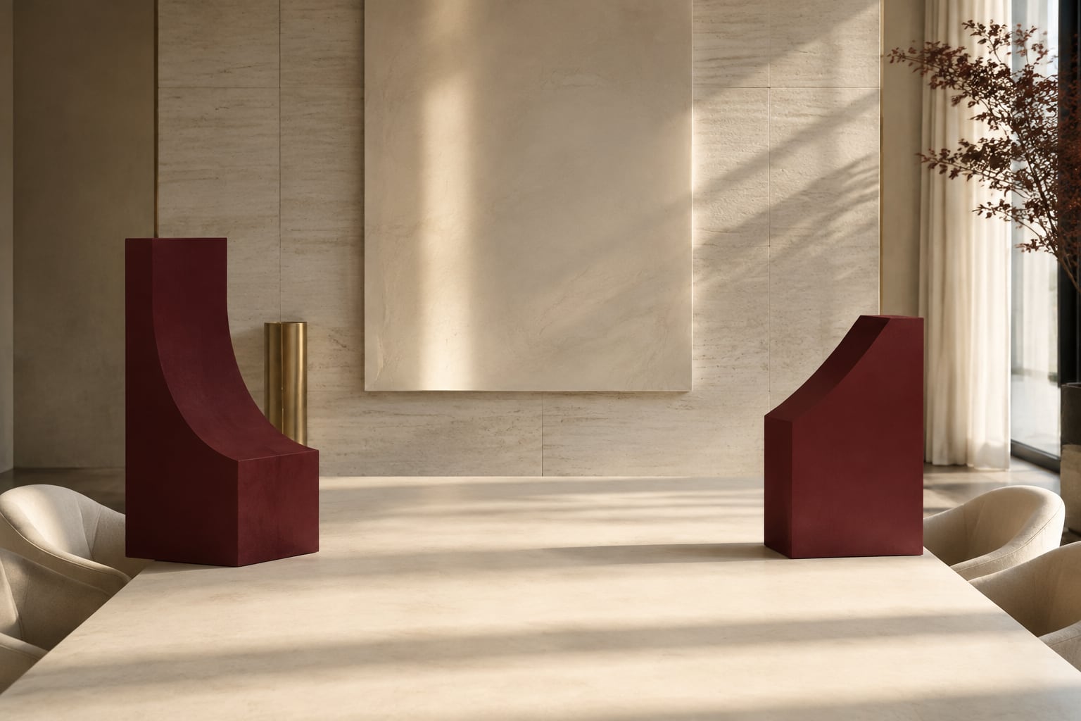 A long limestone meeting table with two burgundy architectural forms positioned across it.
