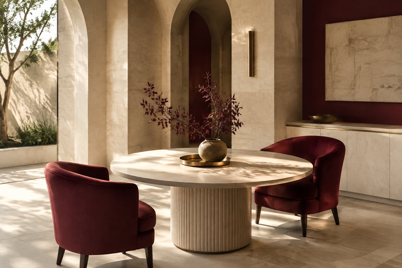 Two burgundy chairs at a round limestone table in a quiet sunlit setting.