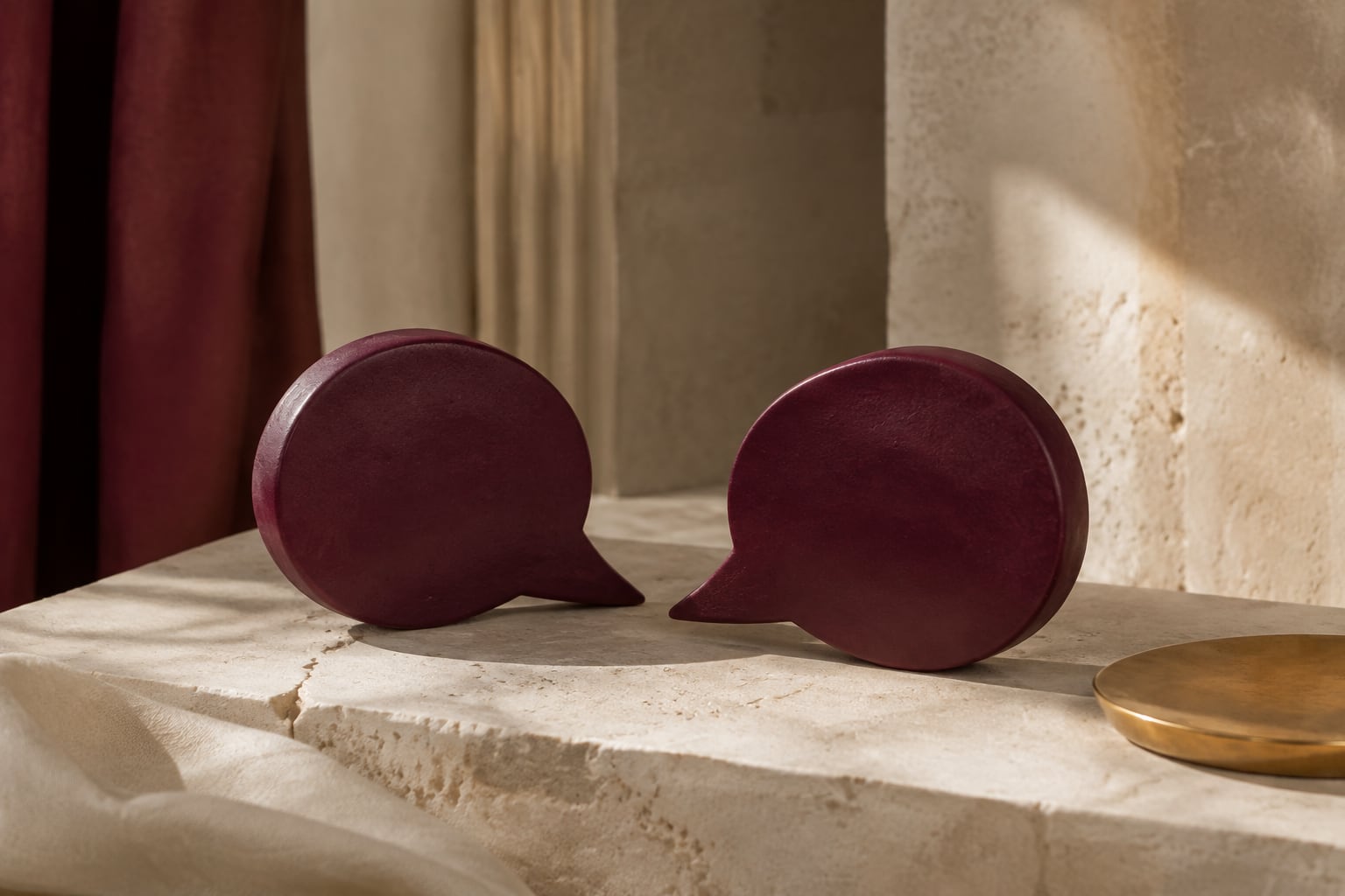 Two sculptural burgundy speech forms facing each other across a limestone table.