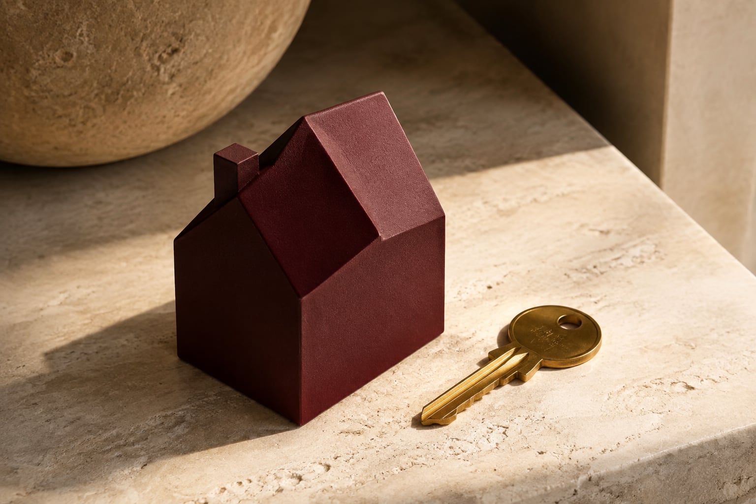 A burgundy house-shaped architectural model beside a brass key on limestone.