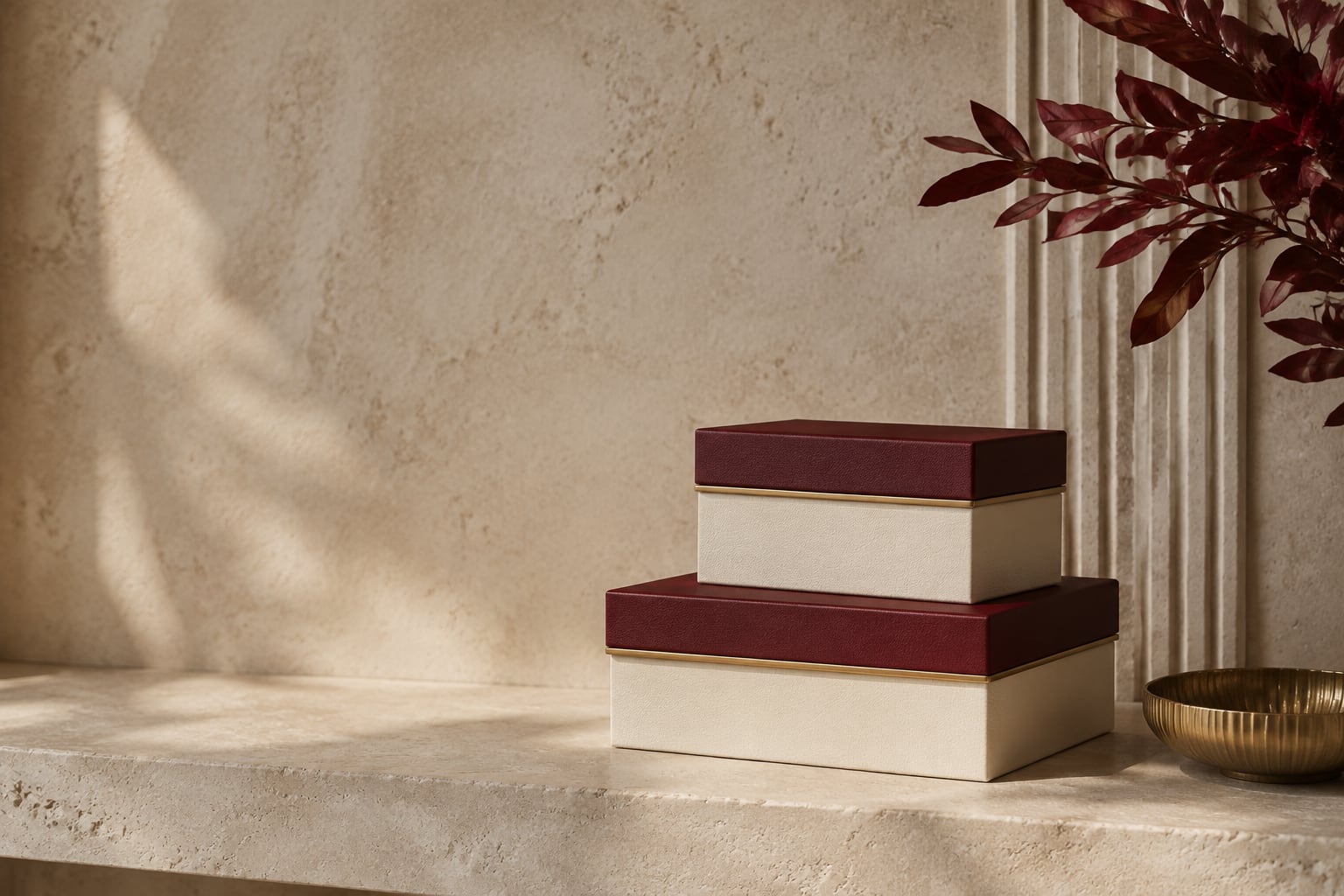Small ivory storage boxes with burgundy lids on a limestone shelf.