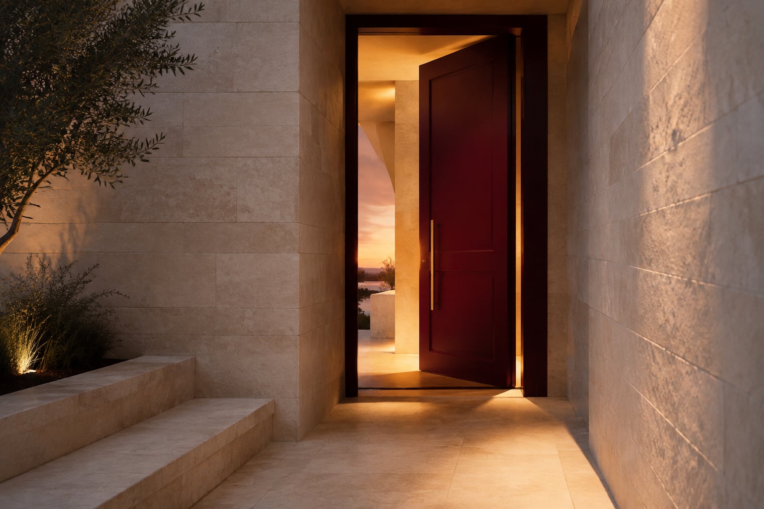 A burgundy door opening into a warmly lit limestone corridor at dusk.