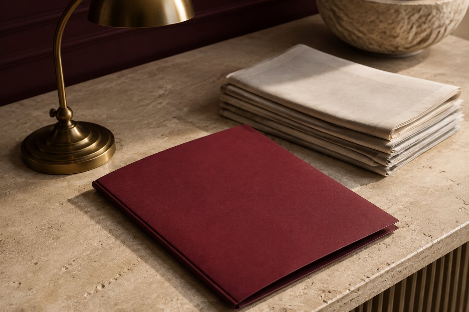 A burgundy editorial folder beside blank folded newspapers and a brass reading lamp.