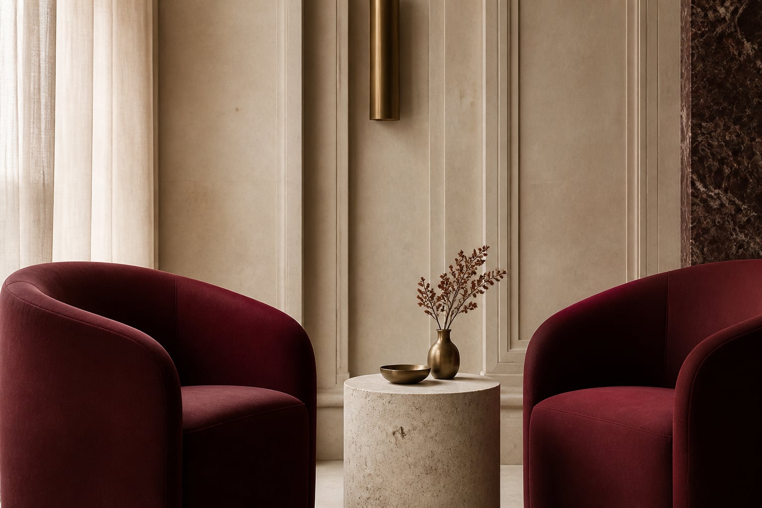 Two burgundy chairs separated by a small limestone table and soft natural light.