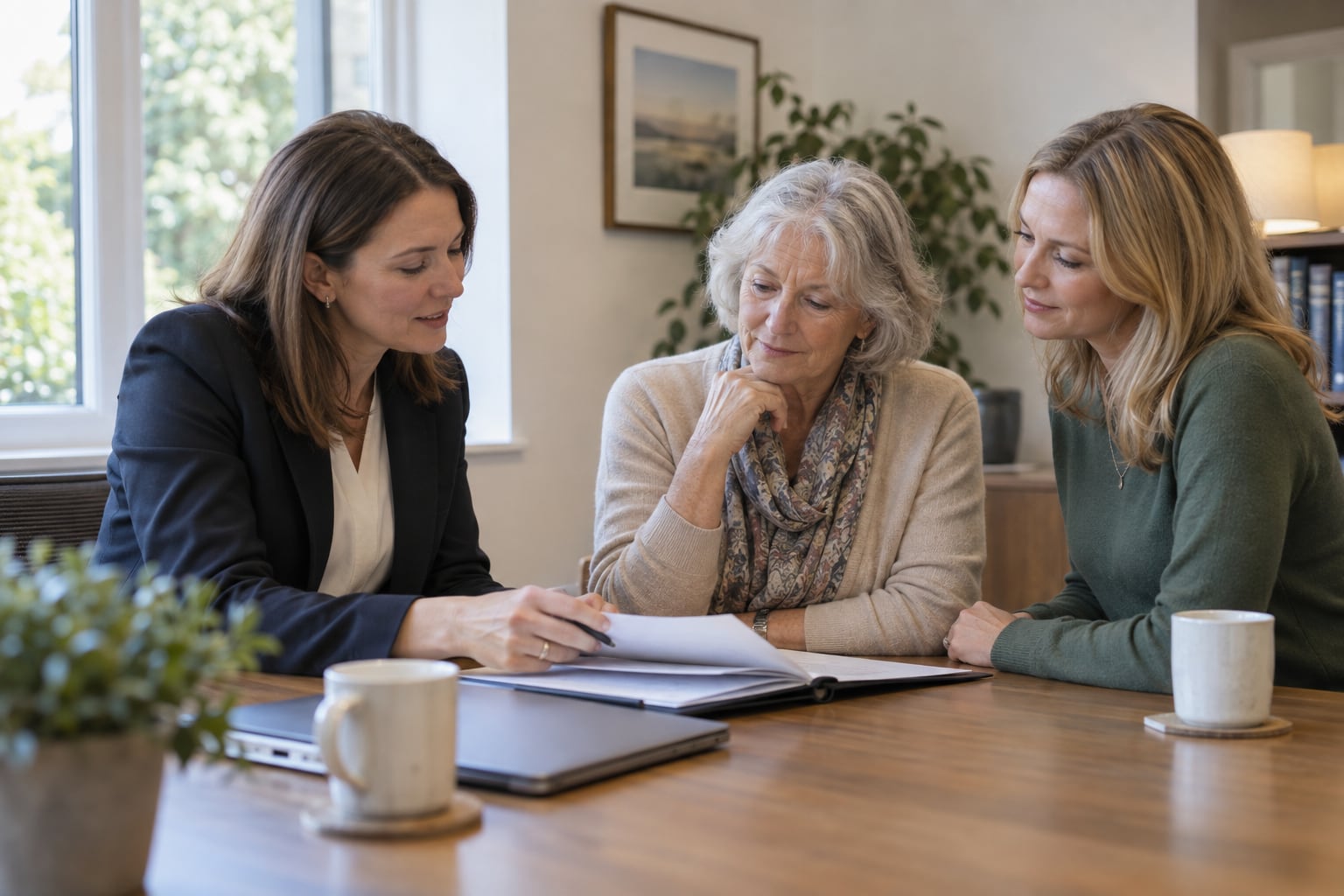 A solicitor advising an older client and her adult daughter during a private consultation.