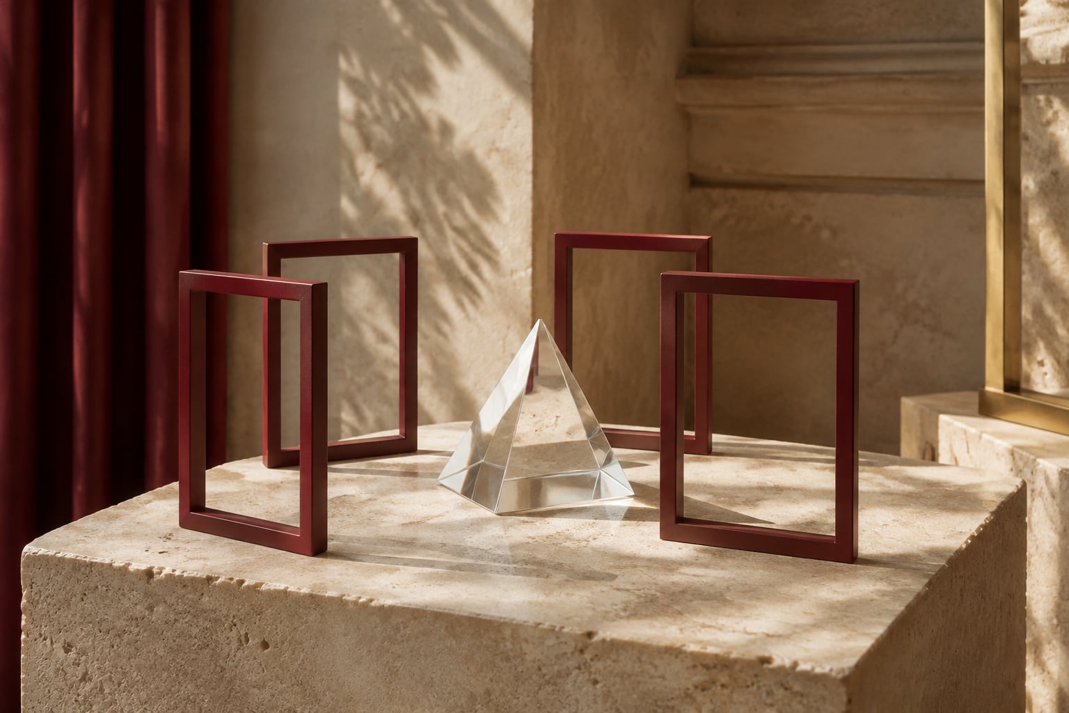 Burgundy observation frames aligned around a clear glass prism on a limestone plinth.