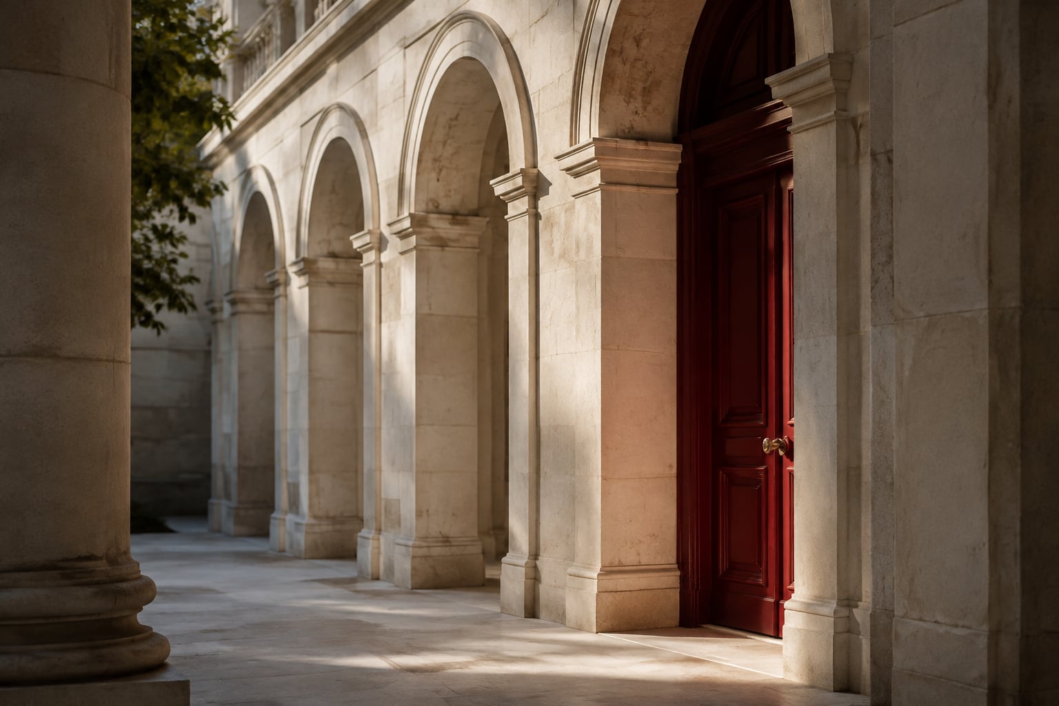 A stone colonnade with recessed burgundy doors and light across the walkway.