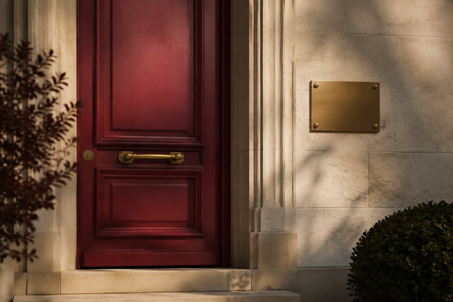 A single burgundy doorway and brass address plaque without lettering in a limestone facade.