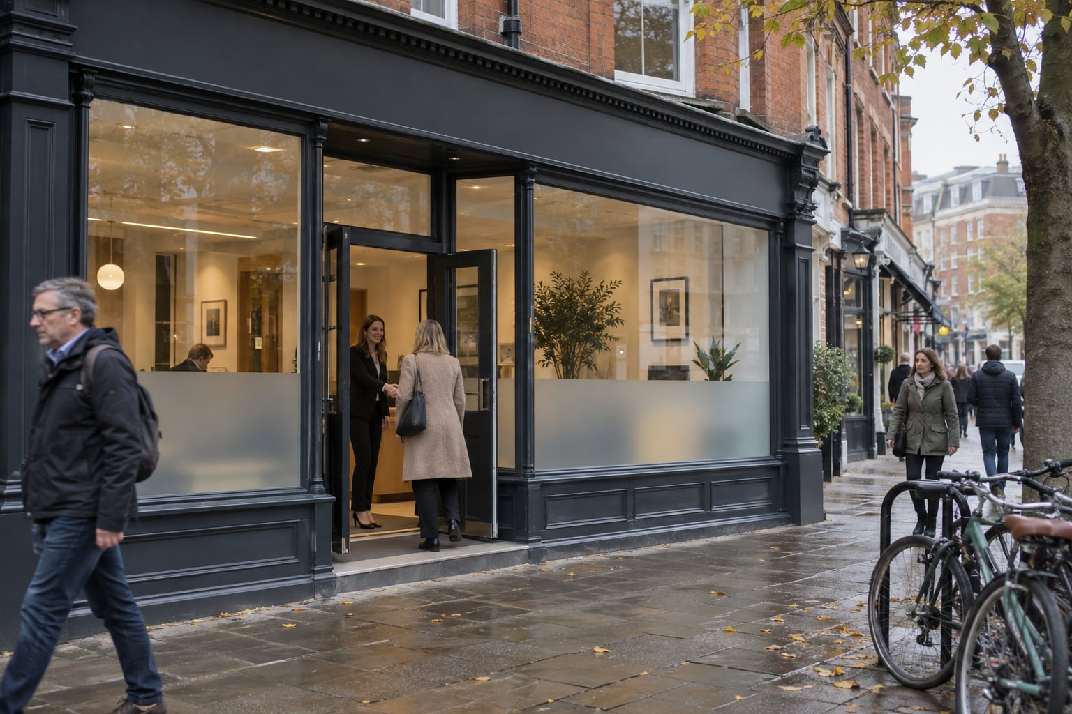 A client arriving at a solicitors office on a traditional English high street.