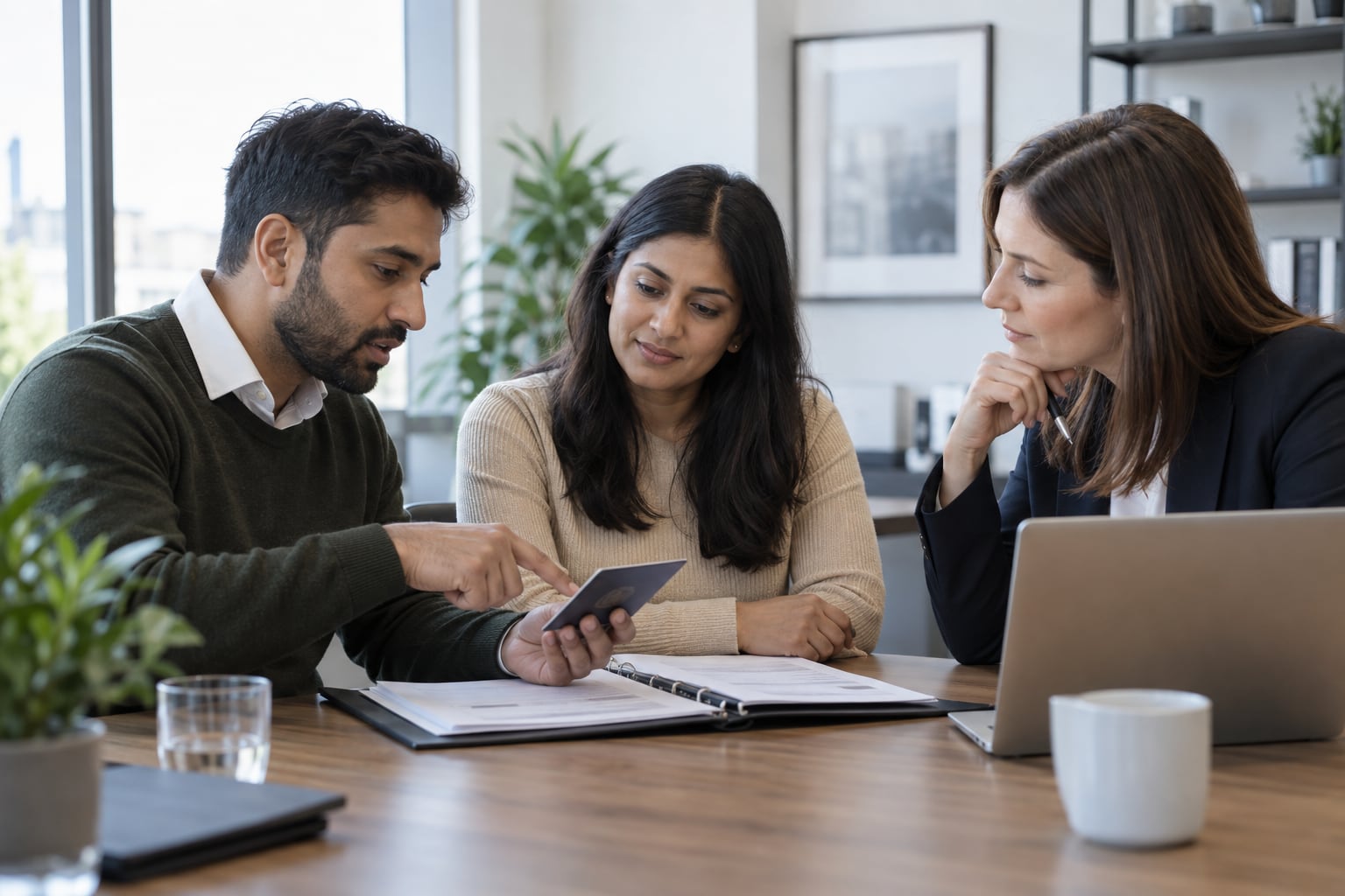 A couple reviewing immigration documents with a solicitor in a UK law office.