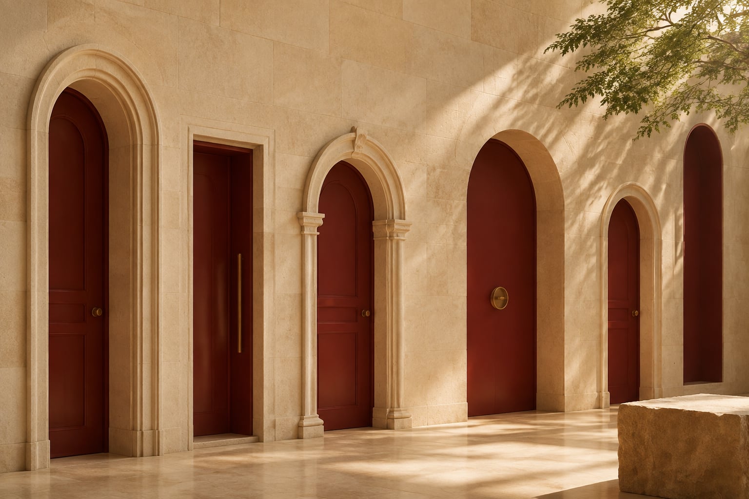 Distinct burgundy architectural doorways arranged along a warm limestone gallery.