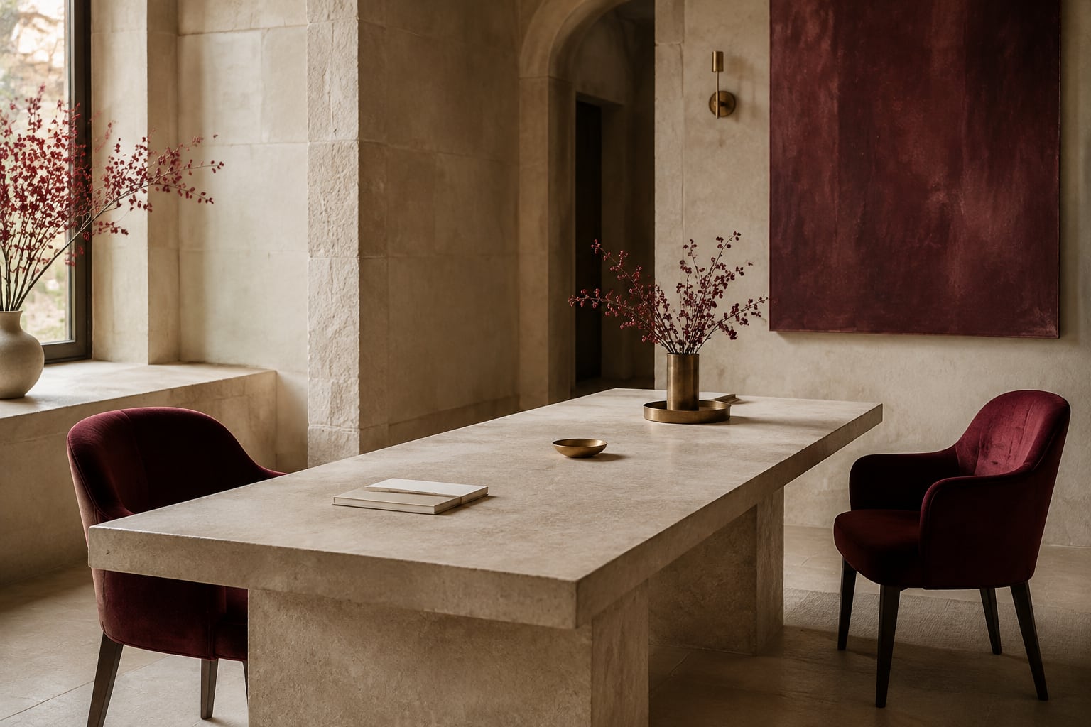 Two burgundy chairs facing each other across a limestone work table.