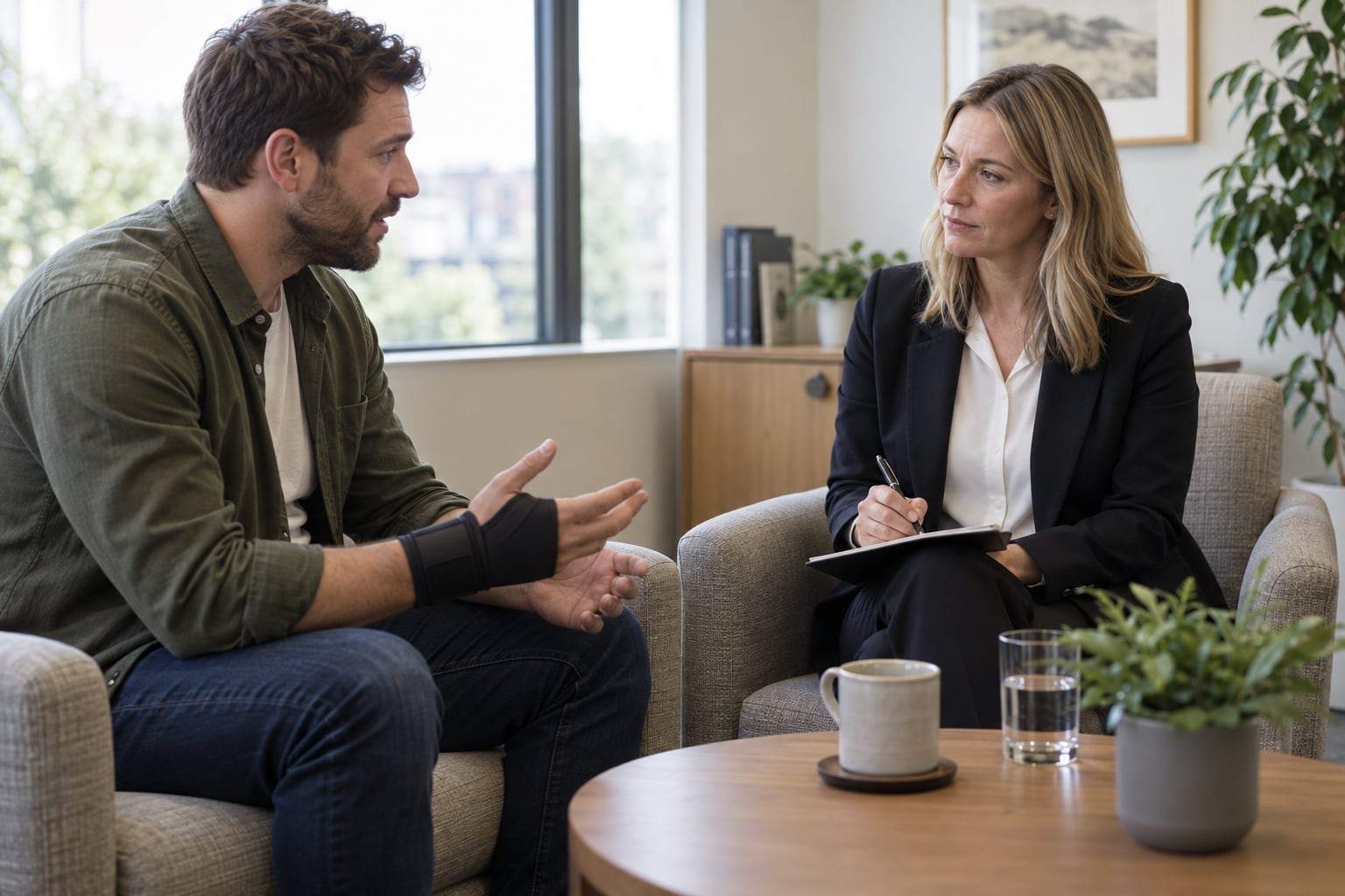 A personal injury solicitor listening to a client with a wrist support during a consultation.