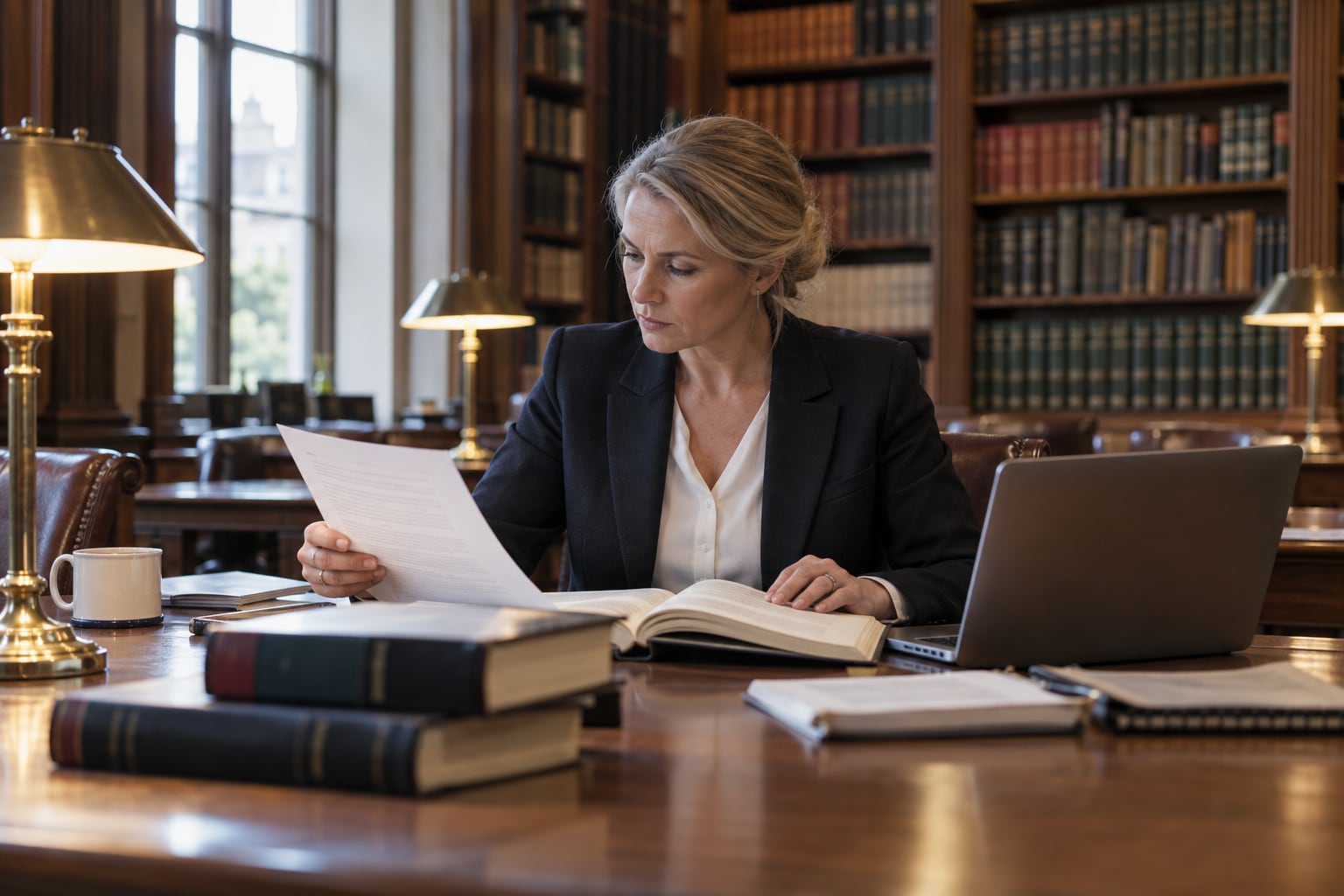 A solicitor researching a report and reference book in a traditional law library.