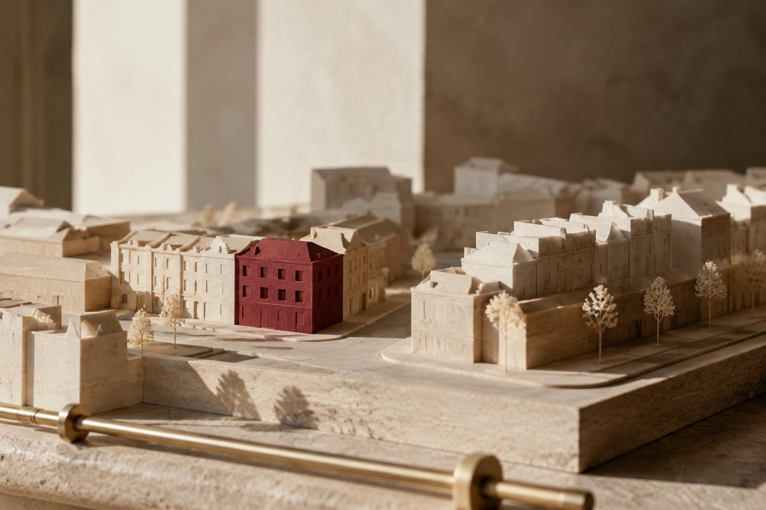 A burgundy architectural marker among a small limestone neighbourhood model.