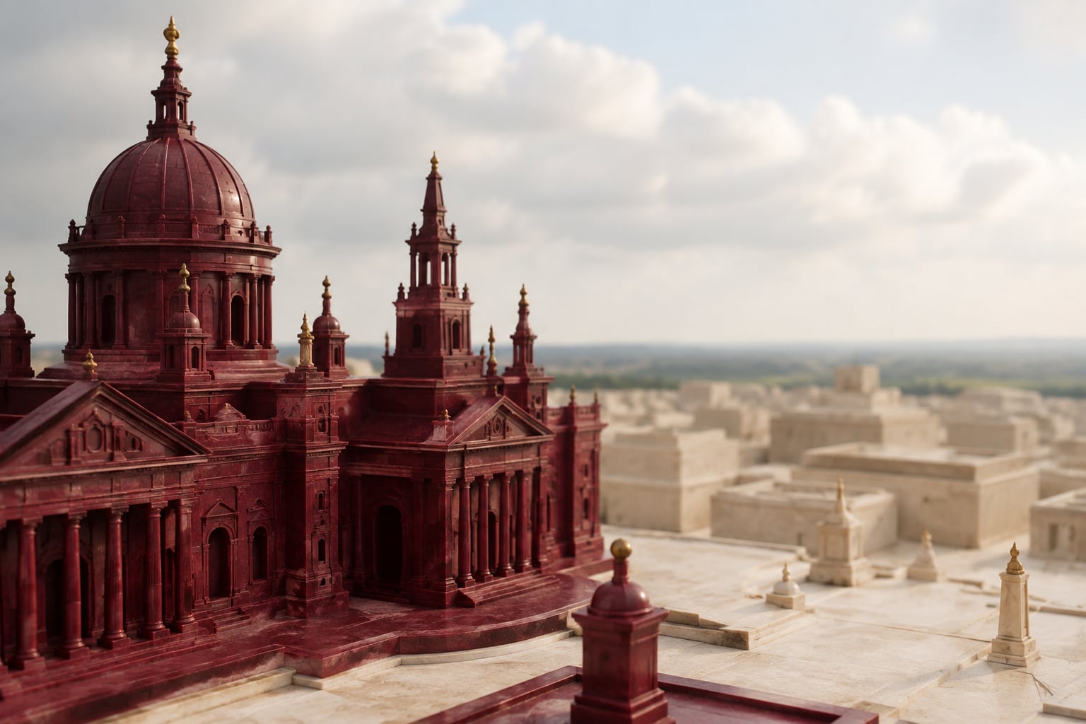 Burgundy model buildings overlooking a wider miniature limestone cityscape.