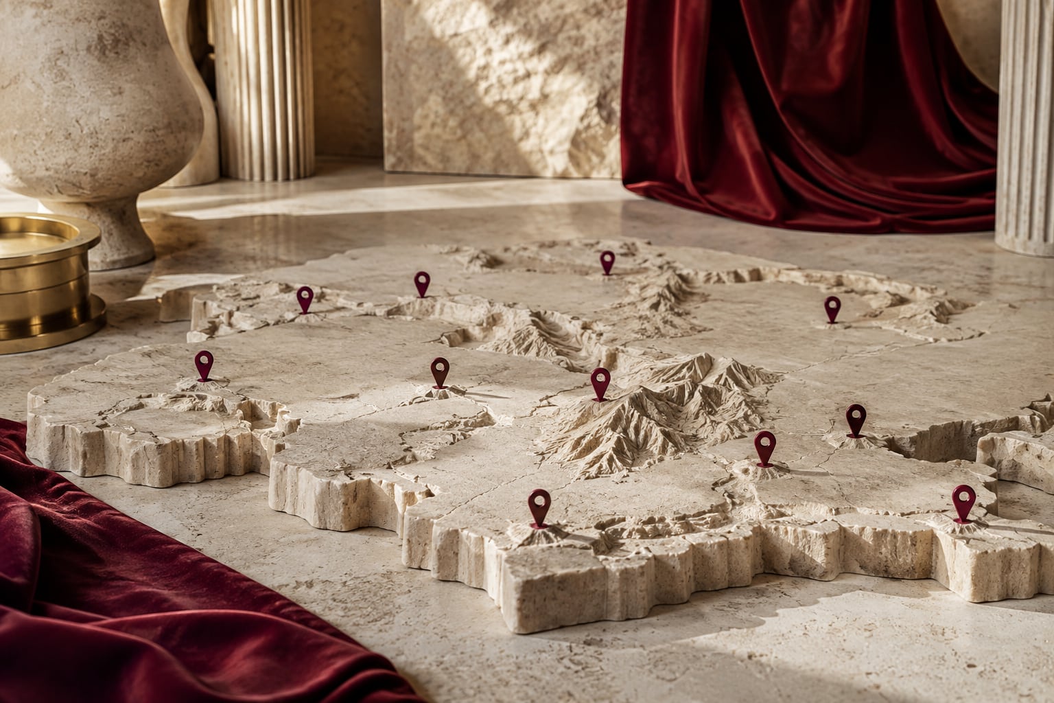 Burgundy location markers across a sculptural limestone landscape.