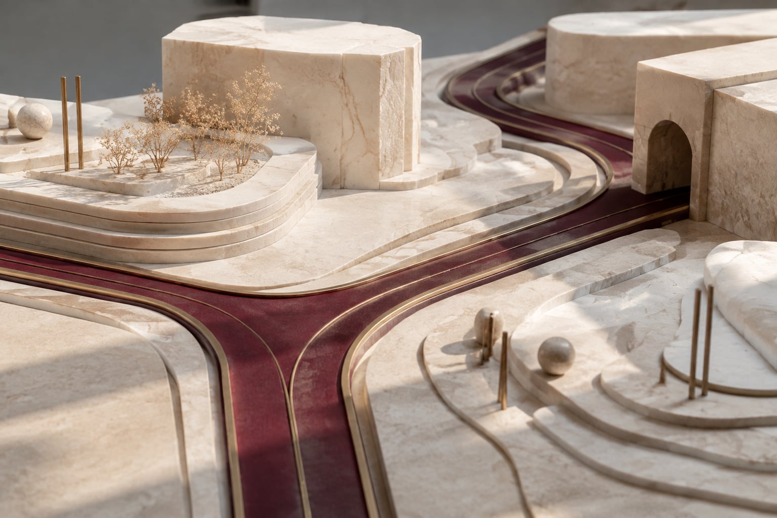 A burgundy path through a limestone landscape model, with a precise junction in the foreground.