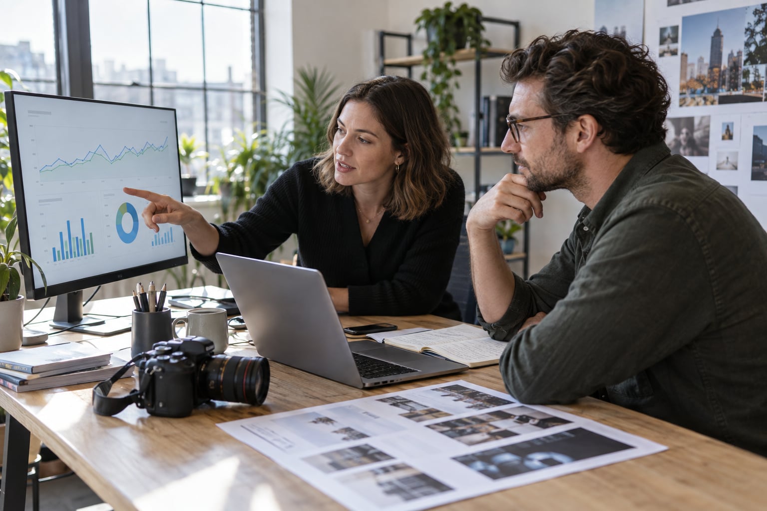 Digital marketing specialists reviewing campaign performance and editorial material in a studio.