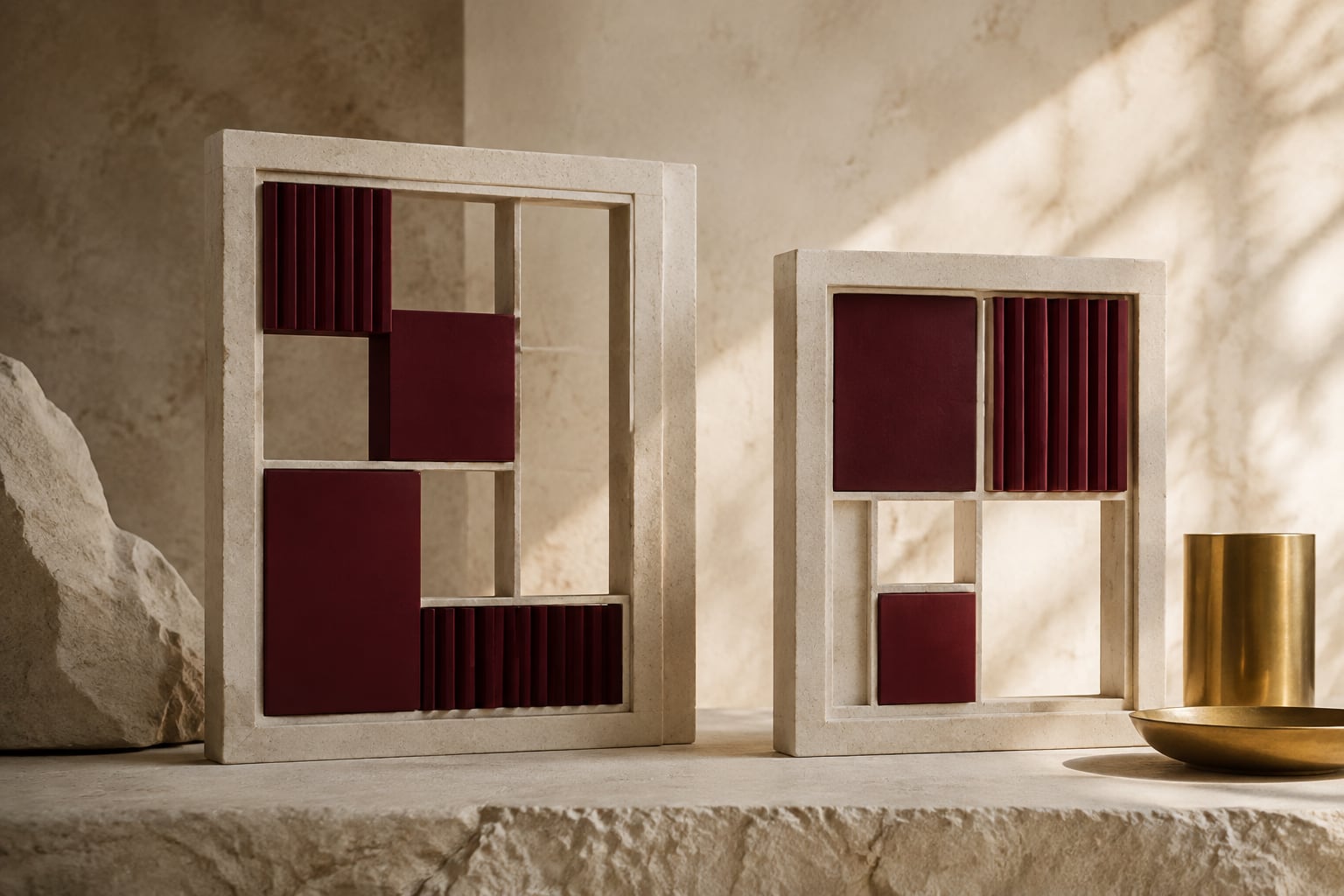Two limestone structural frames with different burgundy modular inserts.