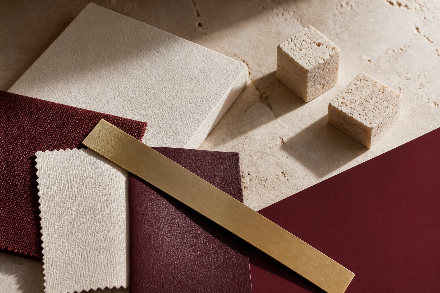 Burgundy and ivory material samples carefully arranged beside a brass ruler.