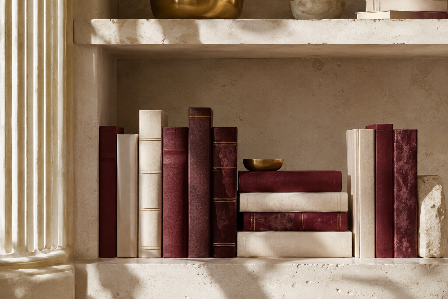 A curated library of burgundy and ivory books on a sunlit limestone shelf.
