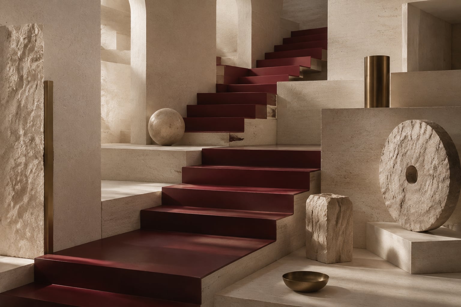 Burgundy stair forms rising through warm limestone architectural layers.
