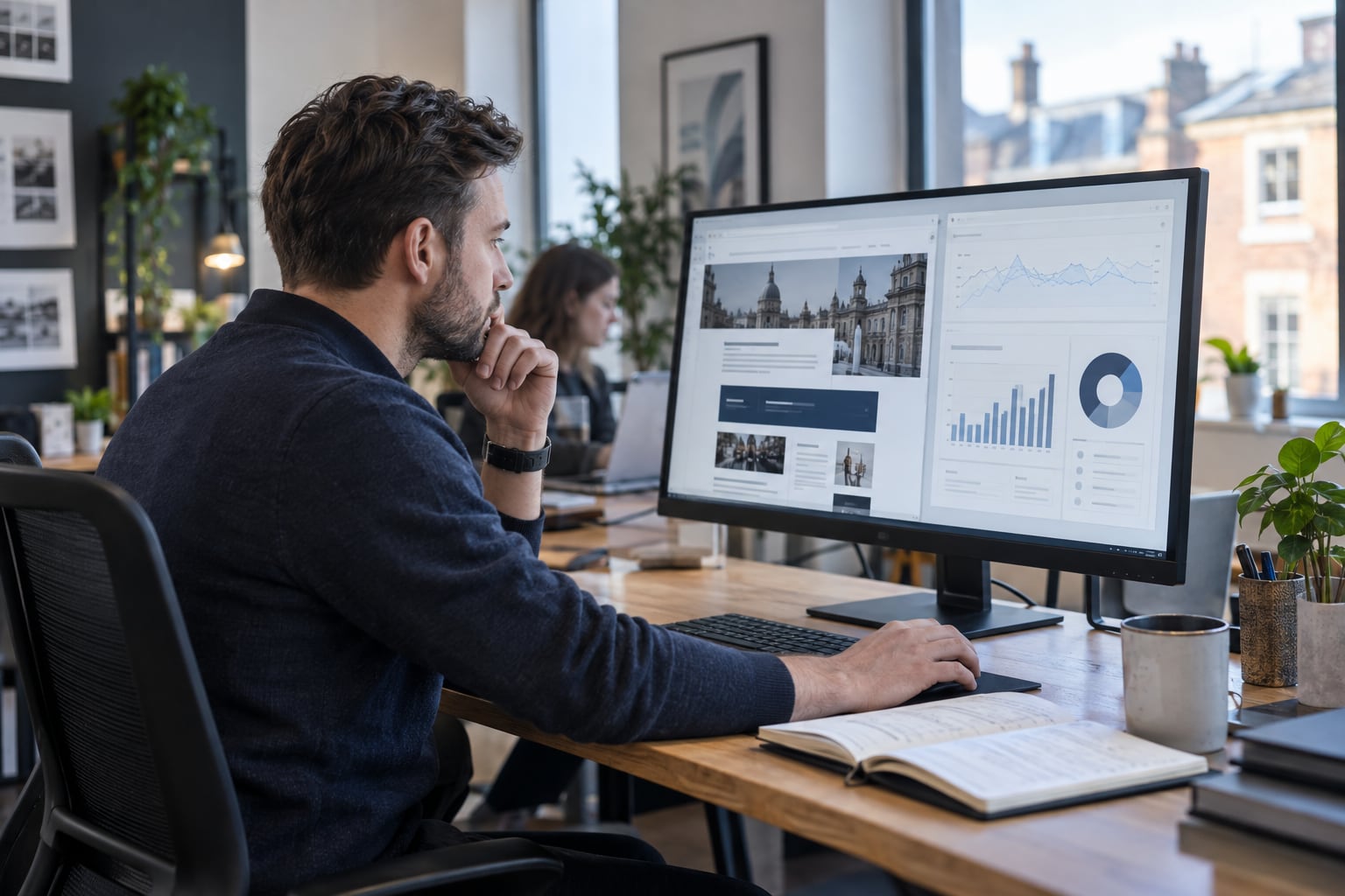 A search specialist reviewing a law firm website and SEO performance charts at a desktop workstation.