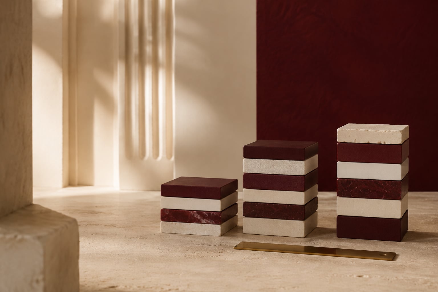 Three stacks of burgundy and ivory material samples beside a brass ruler.