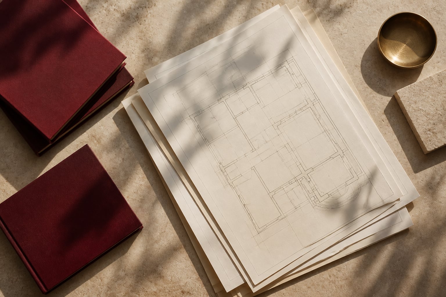 Layered ivory architectural plans beside burgundy books on a limestone table.