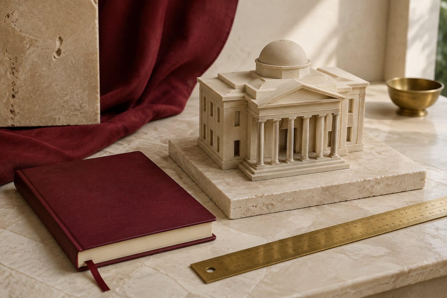 A burgundy field notebook with a brass measuring rule beside an orderly limestone building model.