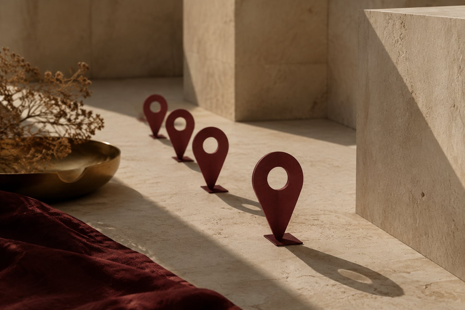A sequence of burgundy paper markers along a limestone path in shifting daylight.